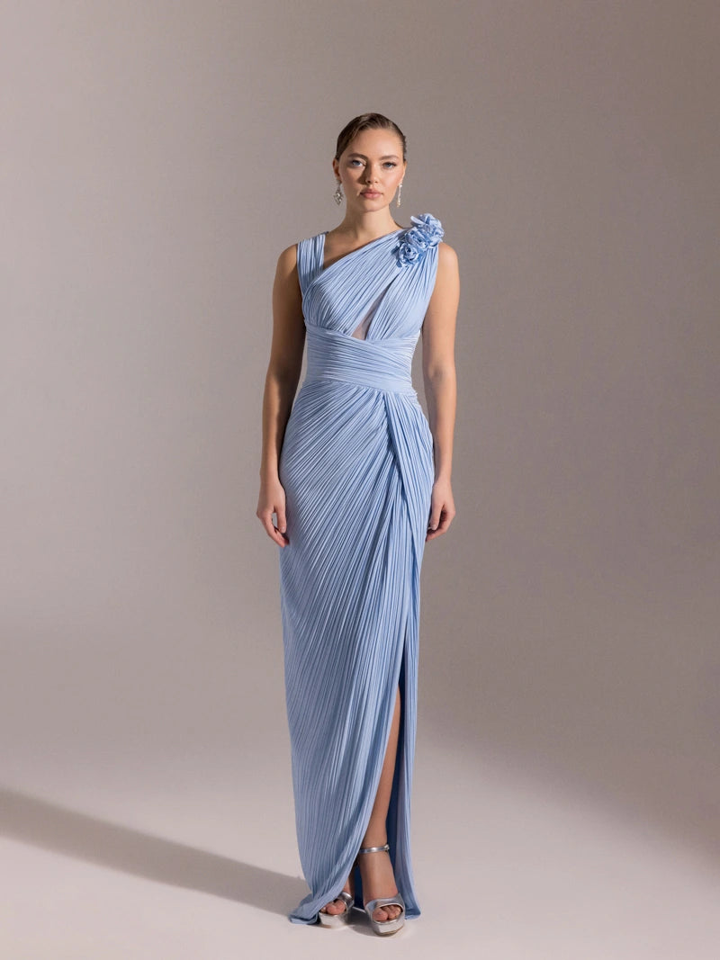 25041-Omuzu Çiçekli Piliseli Abiye Elbise