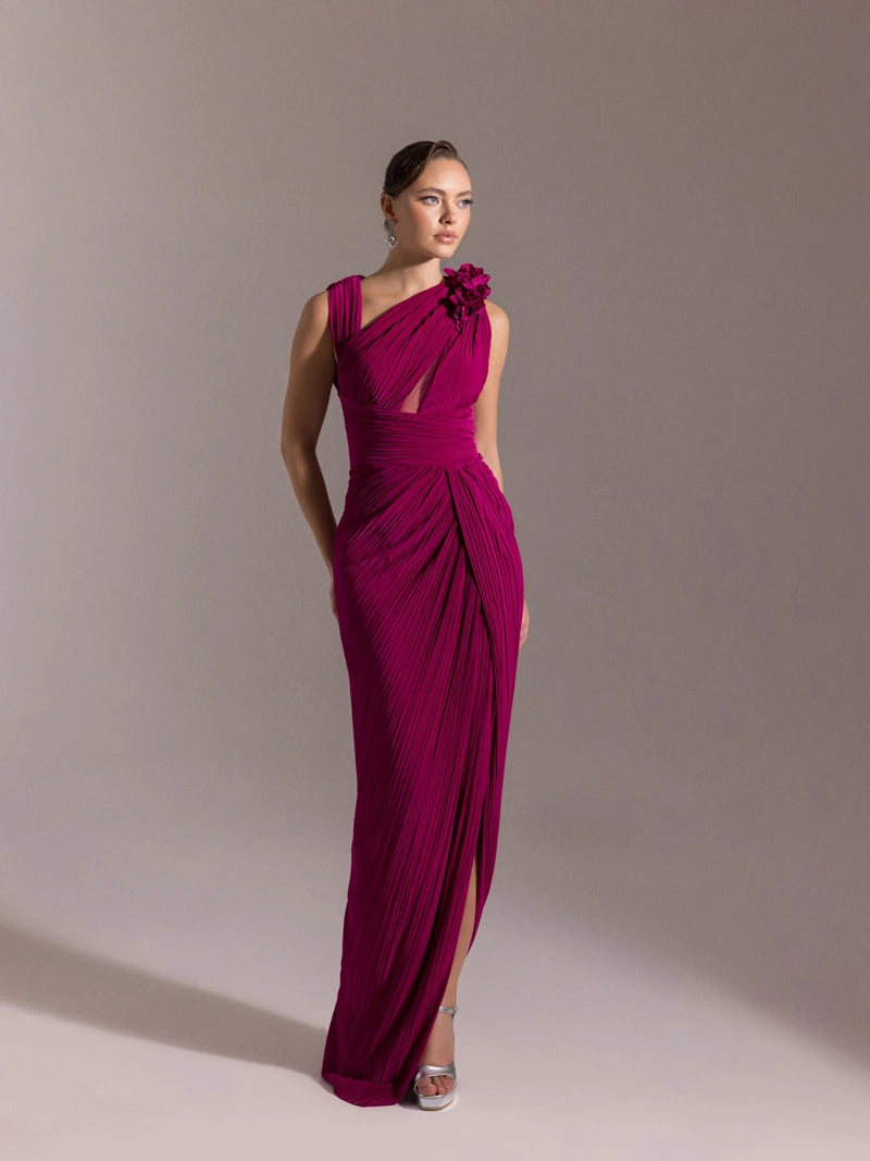 25041-Omuzu Çiçekli Piliseli Abiye Elbise