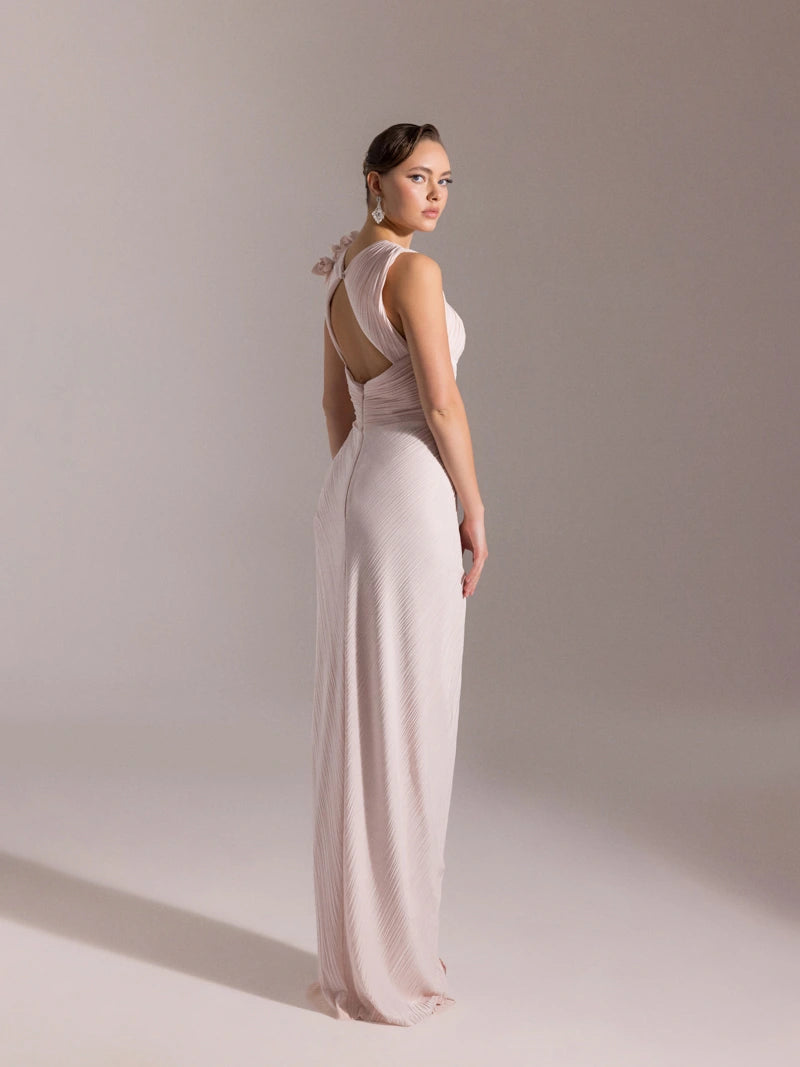 25041-Omuzu Çiçekli Piliseli Abiye Elbise