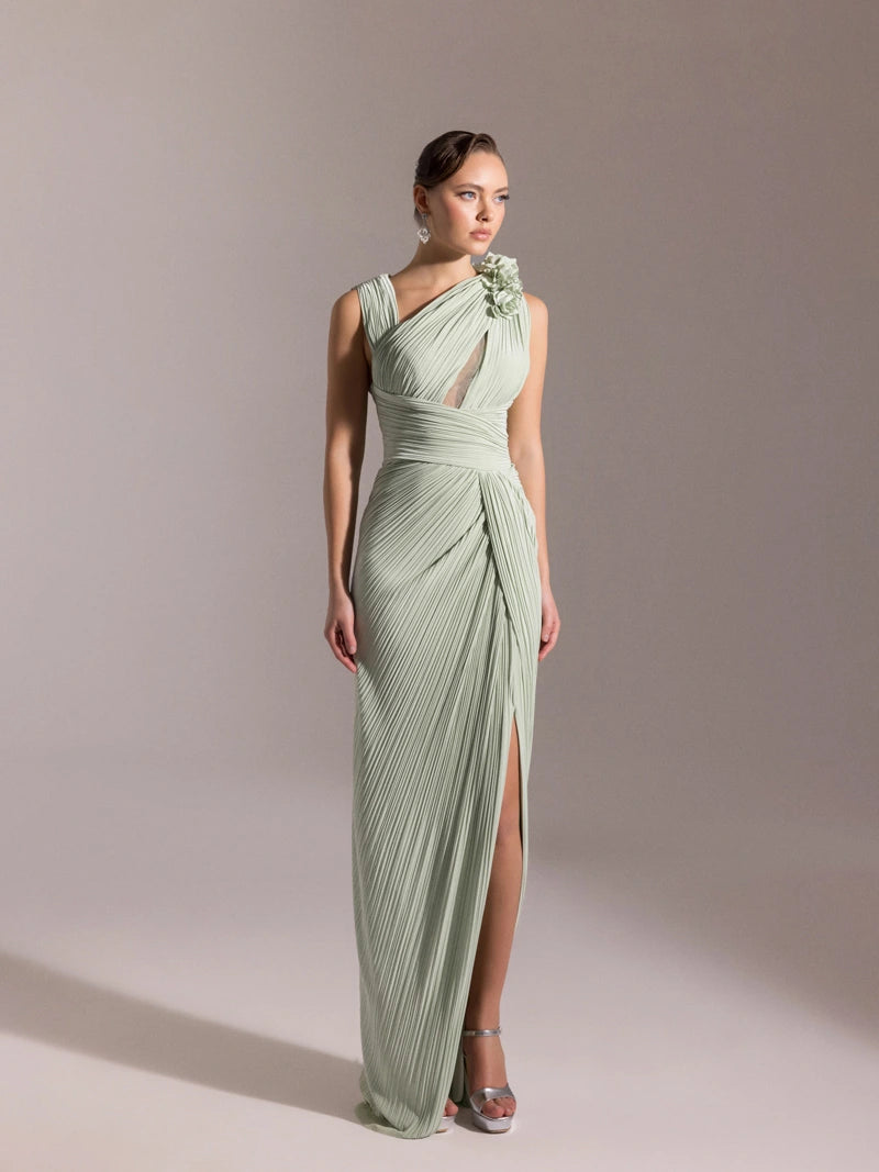 25041-Omuzu Çiçekli Piliseli Abiye Elbise