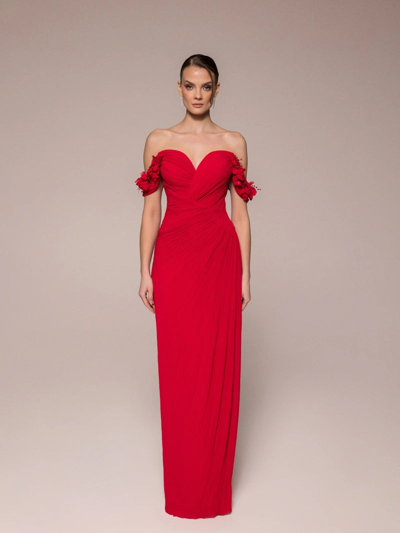 25042-Çiçek Kollu Yırtmaçlı Elbise