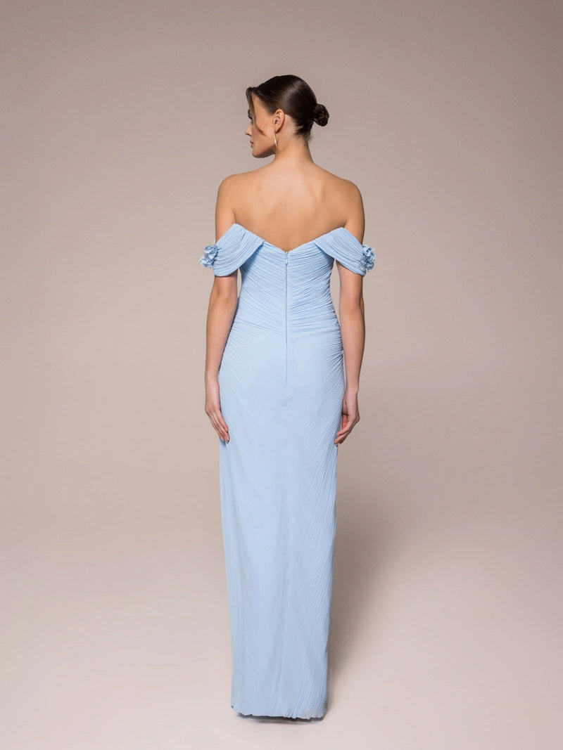 25042-Çiçek Kollu Yırtmaçlı Elbise