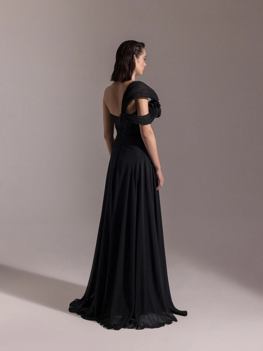 25043-Straplez Fransız Danteli Pliseli Kloş Elbise