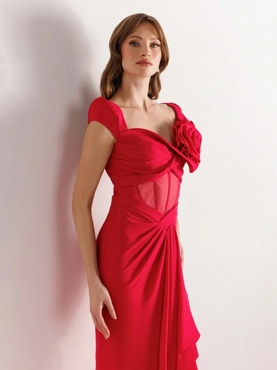 25047-Vatkalı Kısa Kollu Balık Abiye Elbise - Kenzel