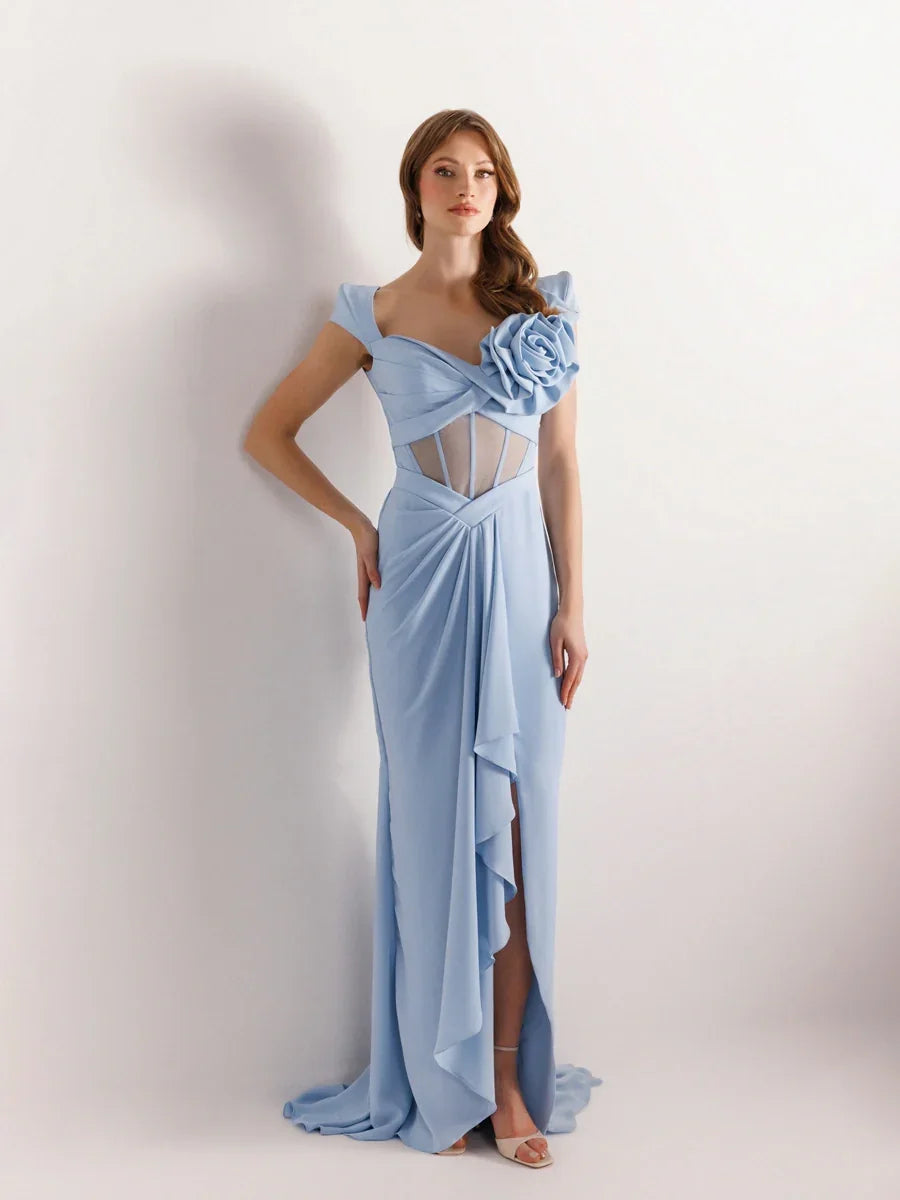 25047-Vatkalı Kısa Kollu Balık Abiye Elbise - Kenzel