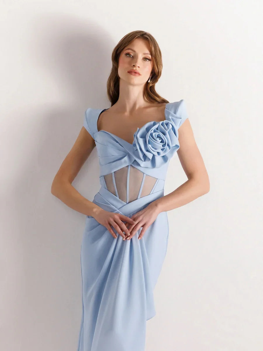 25047-Vatkalı Kısa Kollu Balık Abiye Elbise - Kenzel