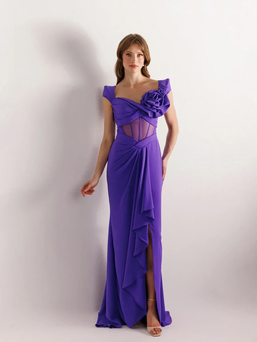 25047-Vatkalı Kısa Kollu Balık Abiye Elbise - Kenzel