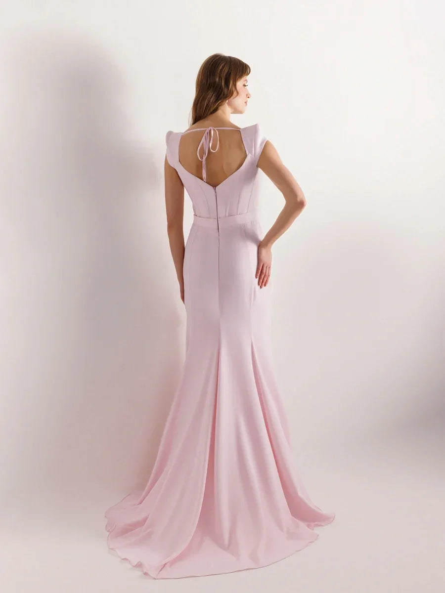 25047-Vatkalı Kısa Kollu Balık Abiye Elbise - Kenzel