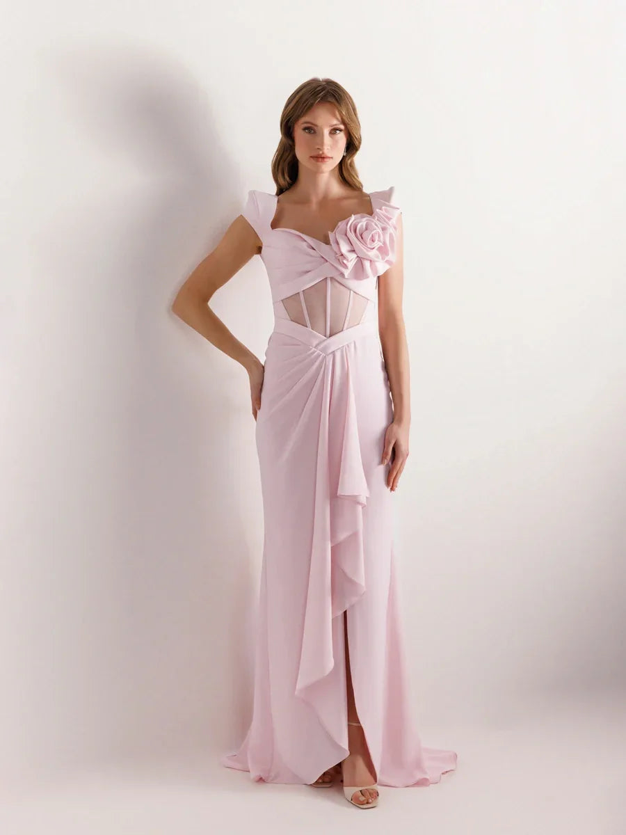 25047-Vatkalı Kısa Kollu Balık Abiye Elbise - Kenzel