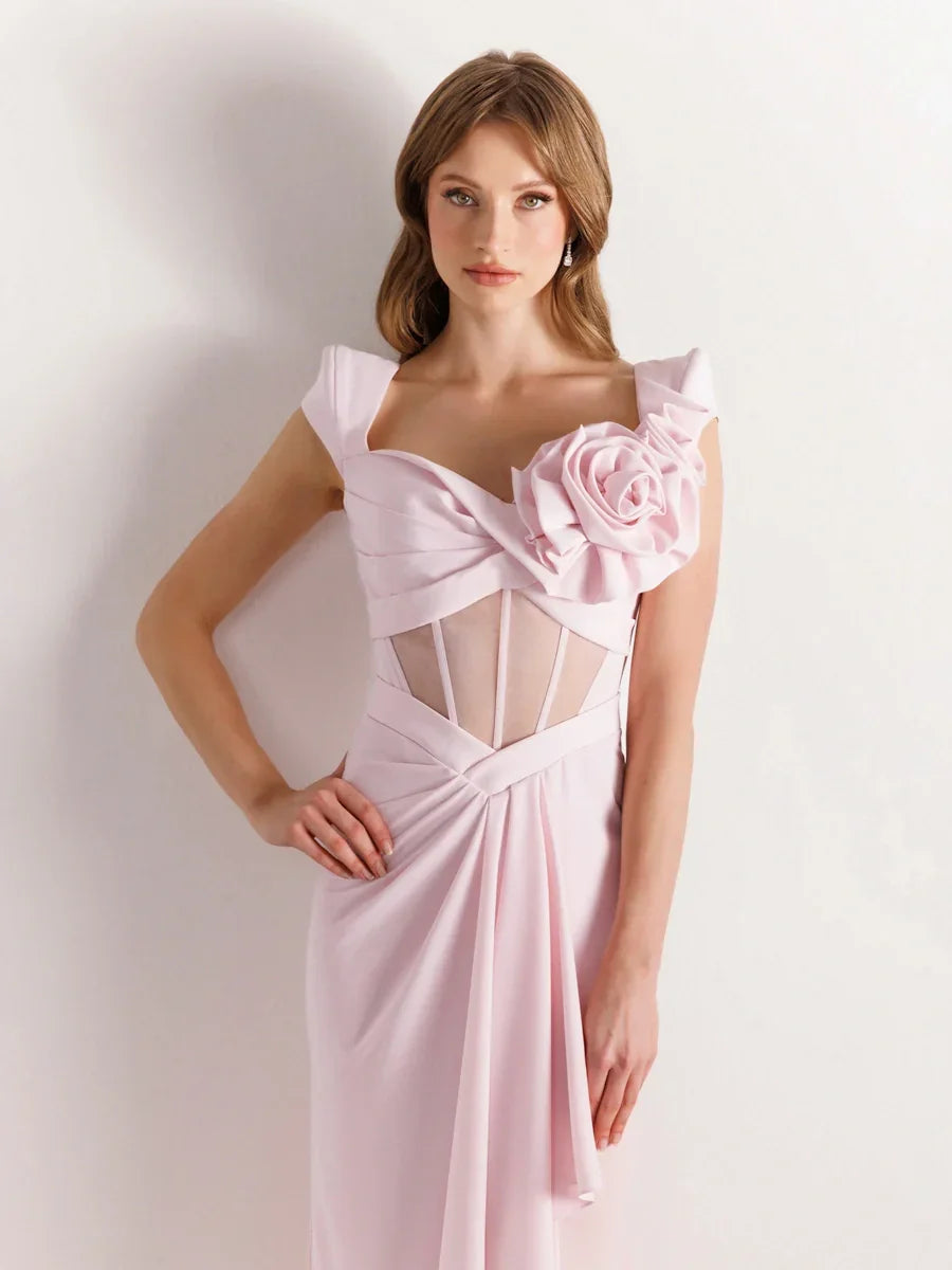 25047-Vatkalı Kısa Kollu Balık Abiye Elbise - Kenzel