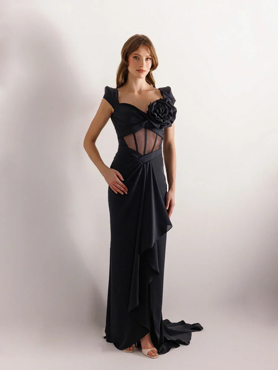 25047-Vatkalı Kısa Kollu Balık Abiye Elbise - Kenzel