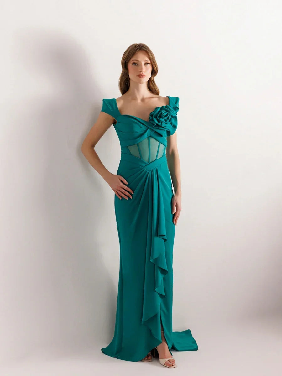 25047-Vatkalı Kısa Kollu Balık Abiye Elbise - Kenzel