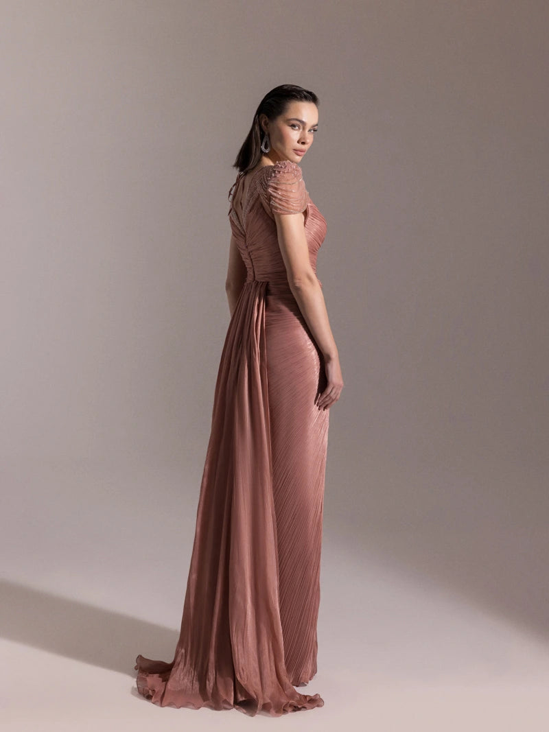 25051-Omuz İşleme Detaylı Pilise Abiye Elbise