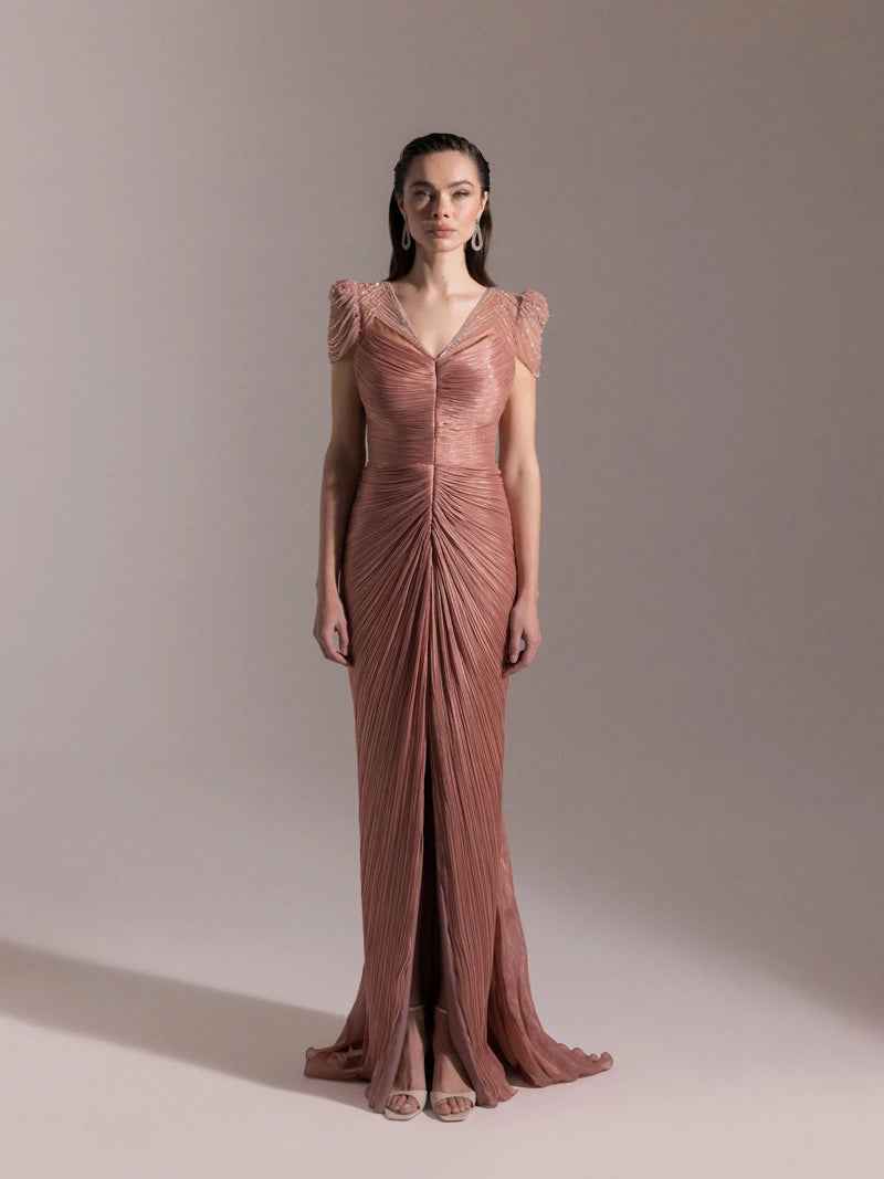 25051-Omuz İşleme Detaylı Pilise Abiye Elbise