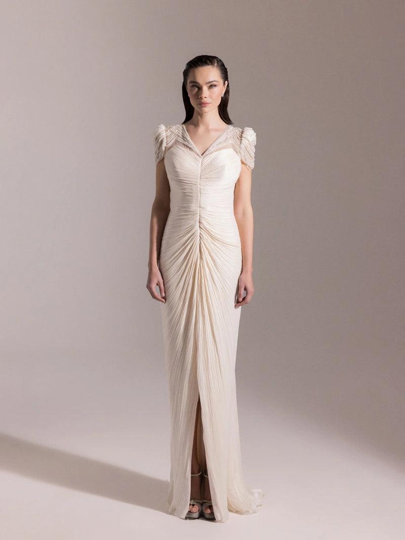 25051-Omuz İşleme Detaylı Pilise Abiye Elbise