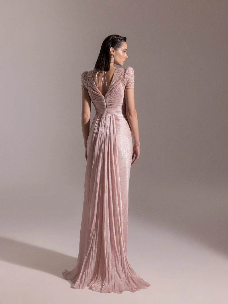 25051-Omuz İşleme Detaylı Pilise Abiye Elbise