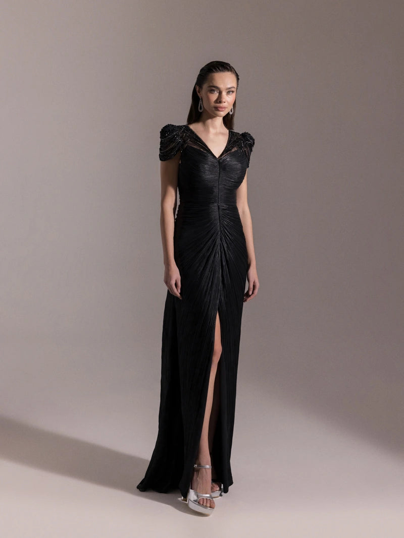 25051-Omuz İşleme Detaylı Pilise Abiye Elbise