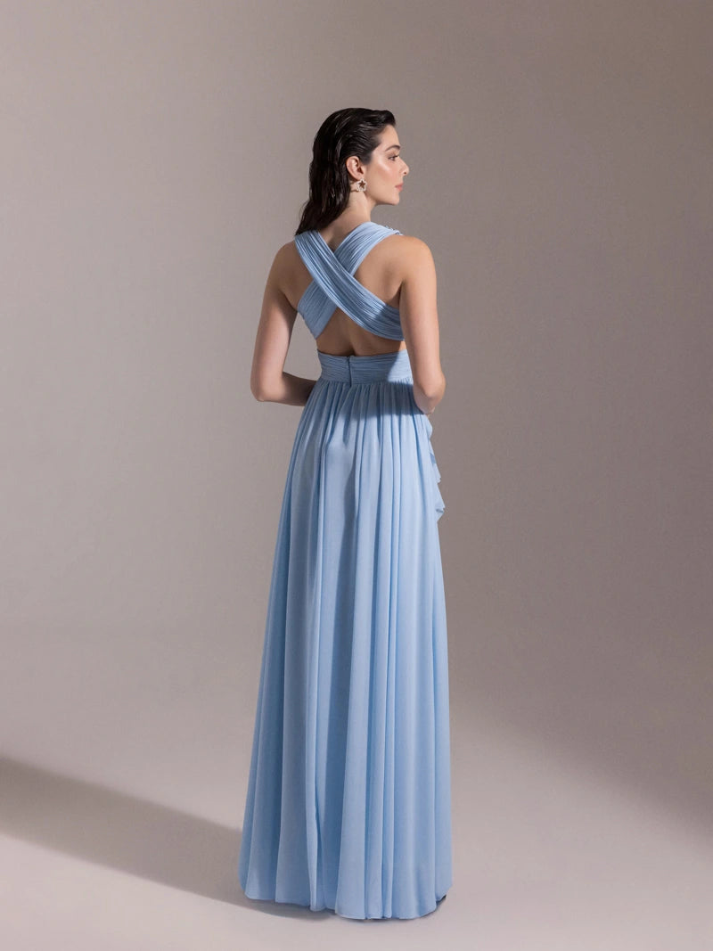 25062-V Yaka Piliseli Yırtmaçlı Abiye Elbise