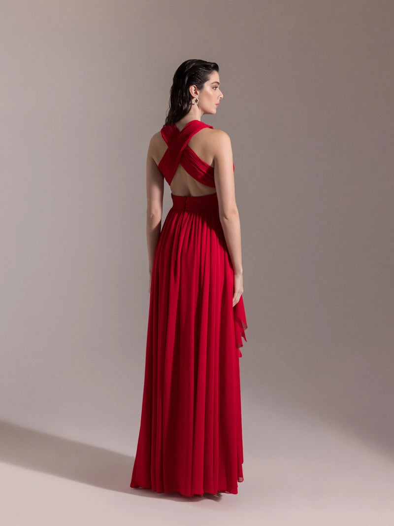 25062-V Yaka Piliseli Yırtmaçlı Abiye Elbise