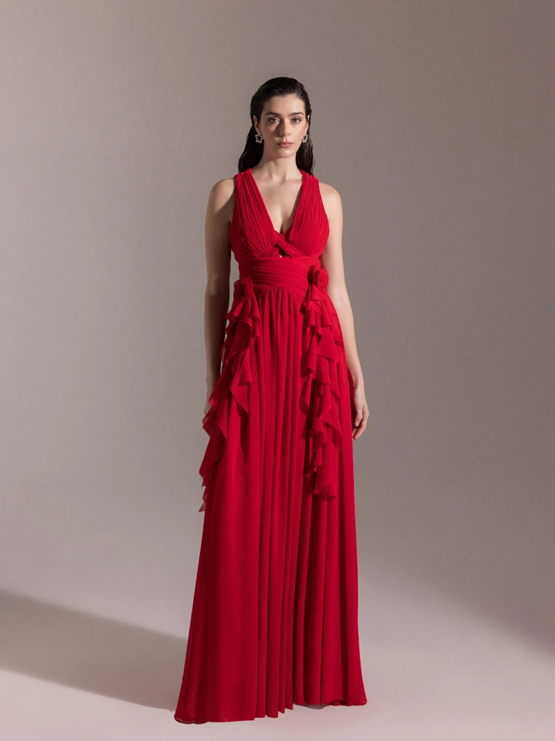 25062-V Yaka Piliseli Yırtmaçlı Abiye Elbise