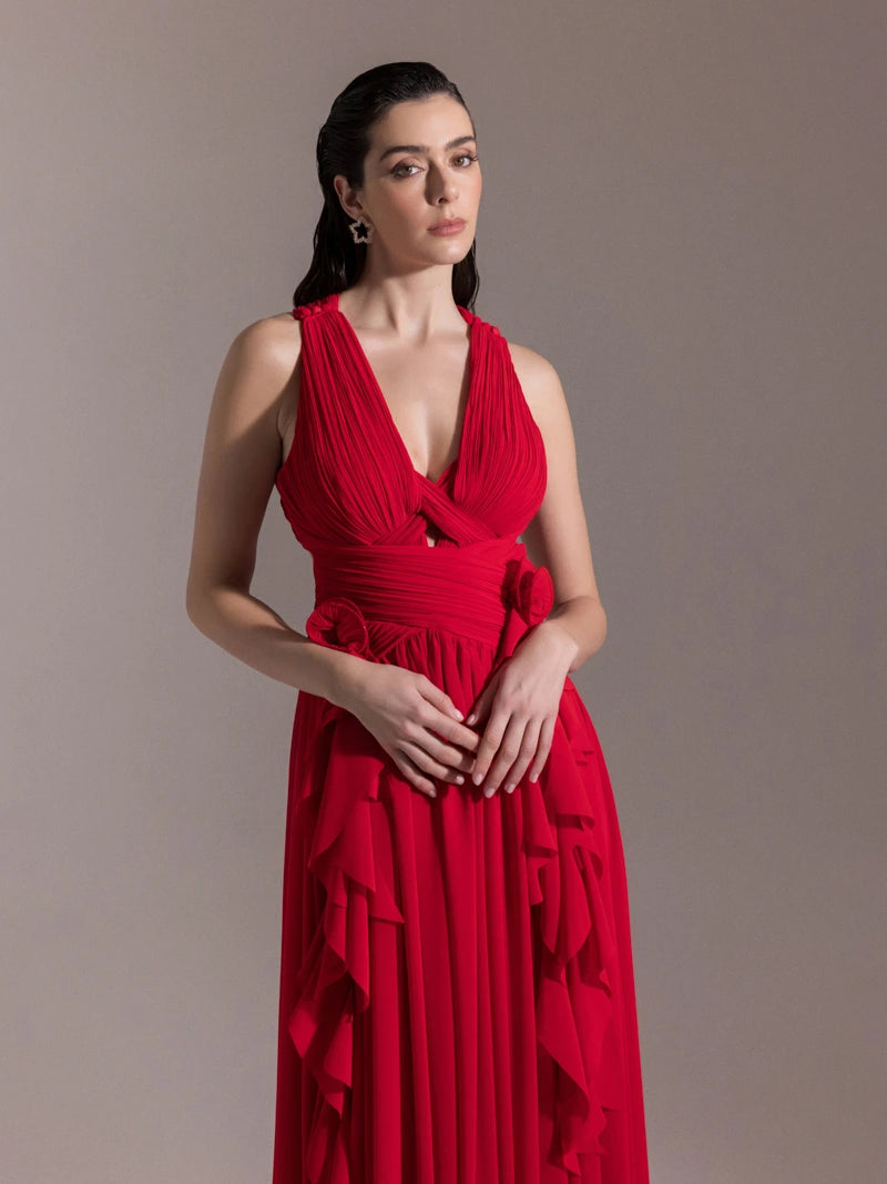 25062-V Yaka Piliseli Yırtmaçlı Abiye Elbise