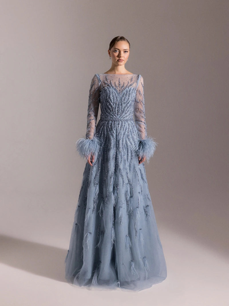 Full Beden İşlemelı̇, Kabarık Uzun Elbı̇se Mavi