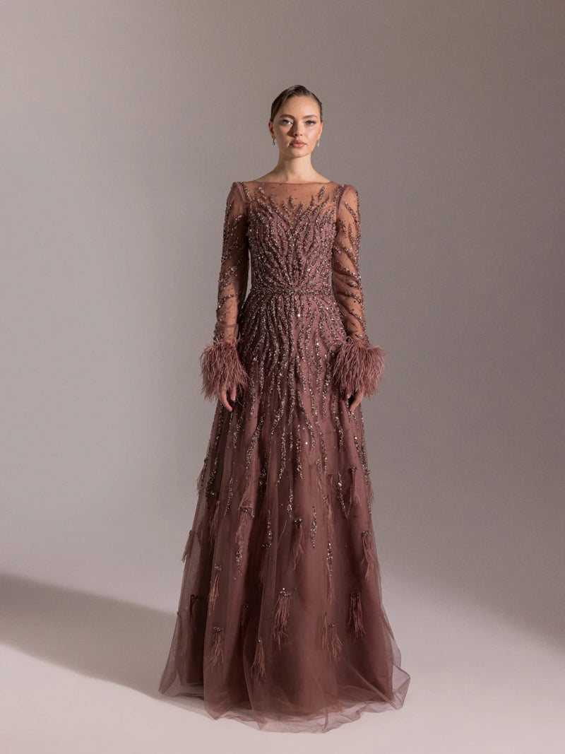 25072-Full Beden İşlemeli Kabarık Uzun Abiye Elbise