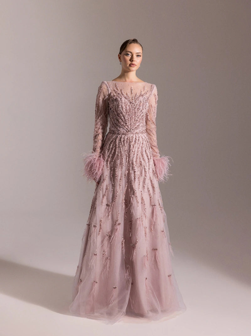 25072-Full Beden İşlemeli Kabarık Uzun Abiye Elbise