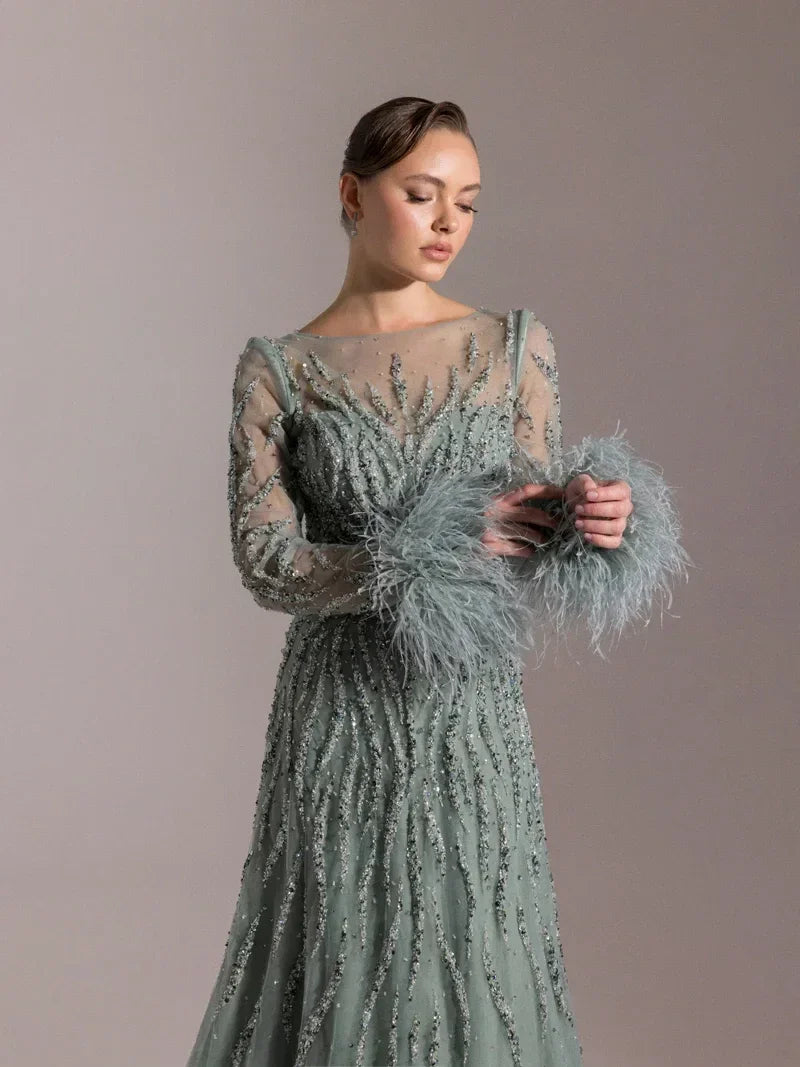 25072-Full Size Embroidered Puffy Long Evening Dress Ecru / 42 25072-Full Size Embroidered Puffy Long Evening Dress Ecru / 42