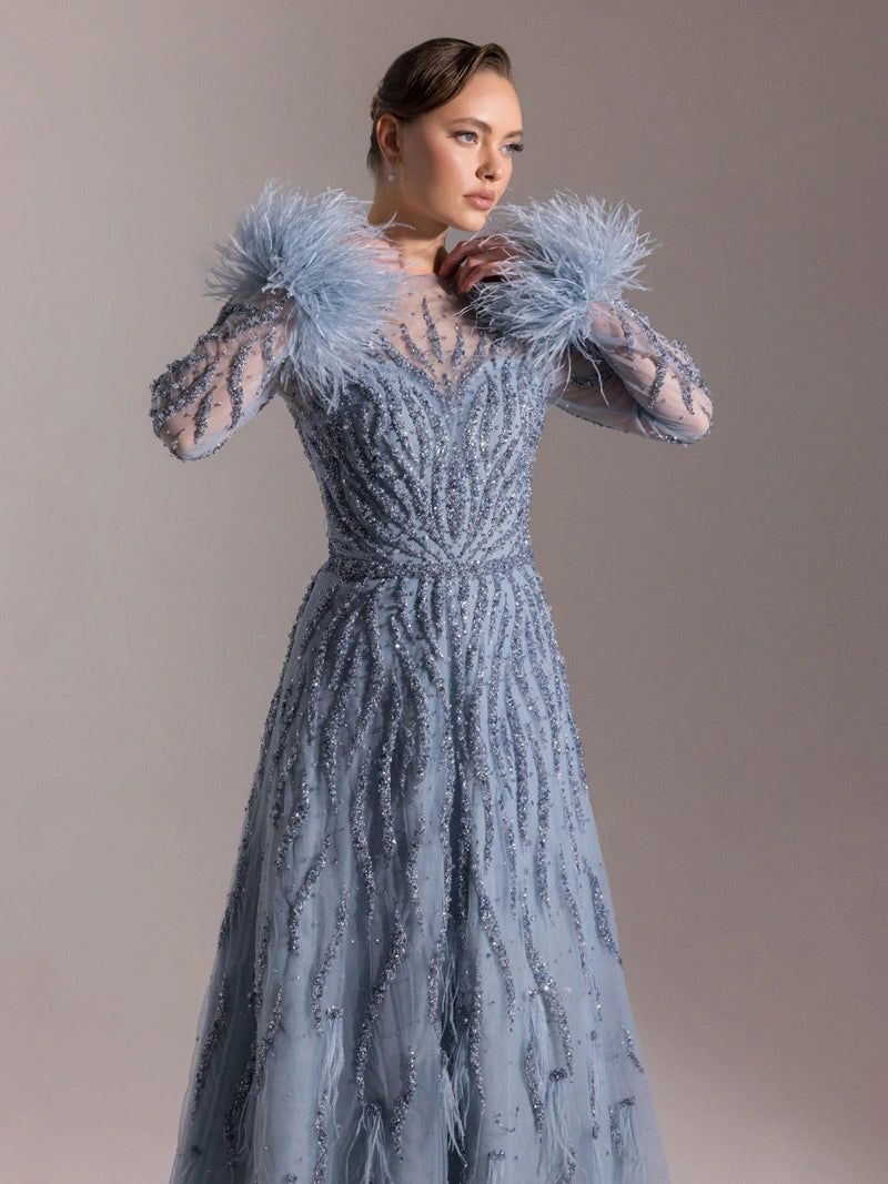 25072-Full Beden İşlemeli Kabarık Uzun Abiye Elbise