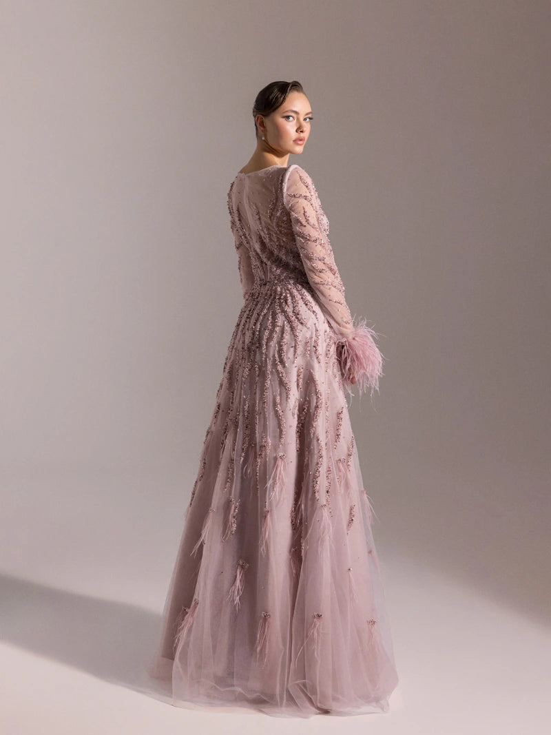 25072-Full Beden İşlemeli Kabarık Uzun Abiye Elbise