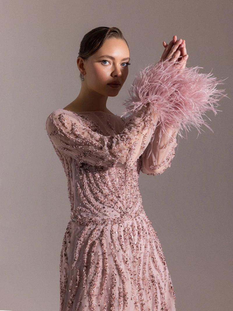 25072-Full Beden İşlemeli Kabarık Uzun Abiye Elbise