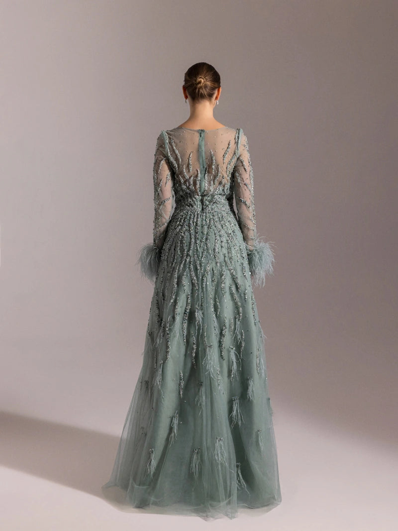 25072-Full Beden İşlemeli Kabarık Uzun Abiye Elbise