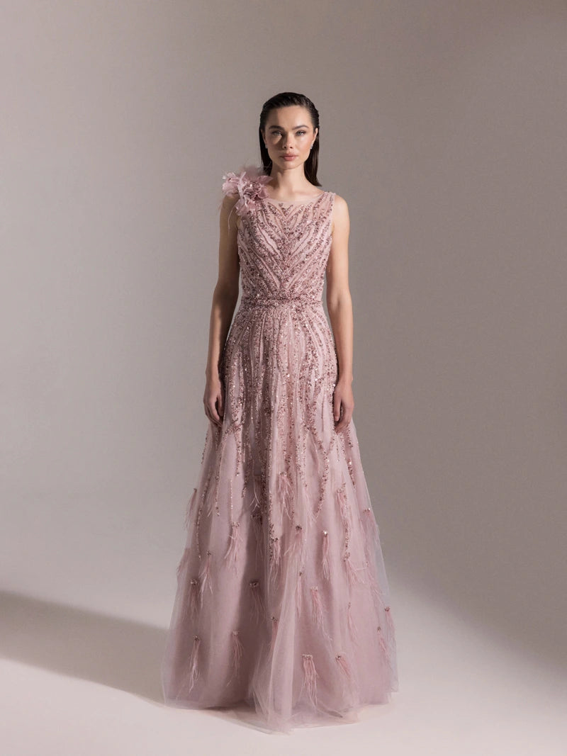 25073-Etekleri Otrişli Full Beden İşlemeli Kabarık Abiye Elbise