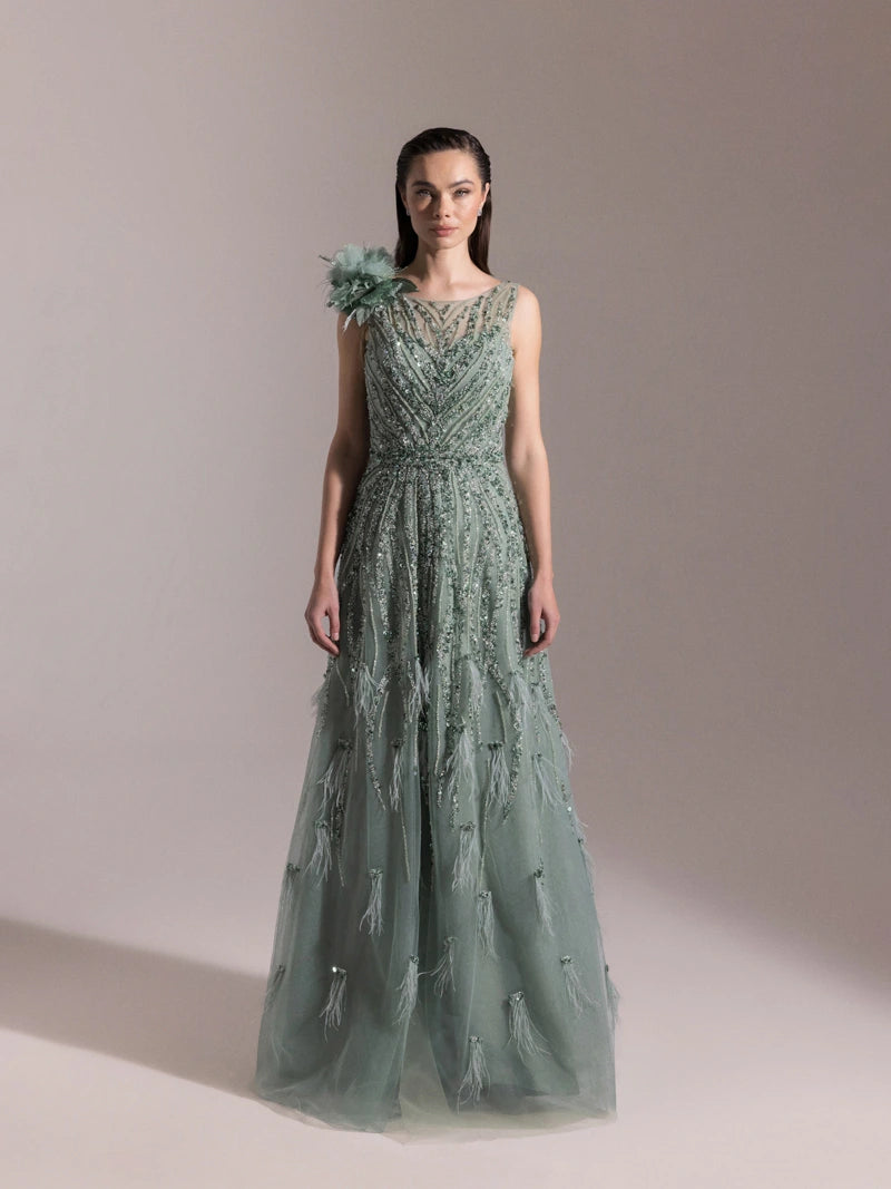 25073-Etekleri Otrişli Full Beden İşlemeli Kabarık Abiye Elbise