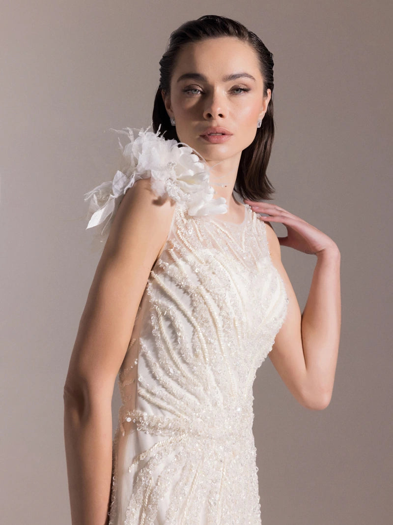 25073-Etekleri Otrişli Full Beden İşlemeli Kabarık Abiye Elbise