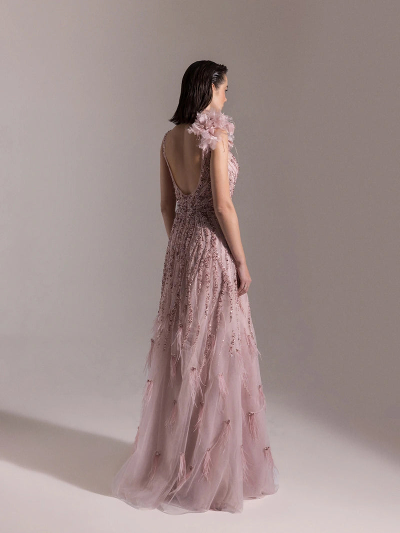 25073-Etekleri Otrişli Full Beden İşlemeli Kabarık Abiye Elbise