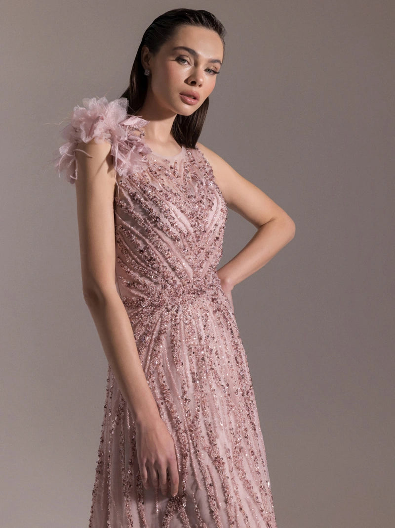 25073-Etekleri Otrişli Full Beden İşlemeli Kabarık Abiye Elbise