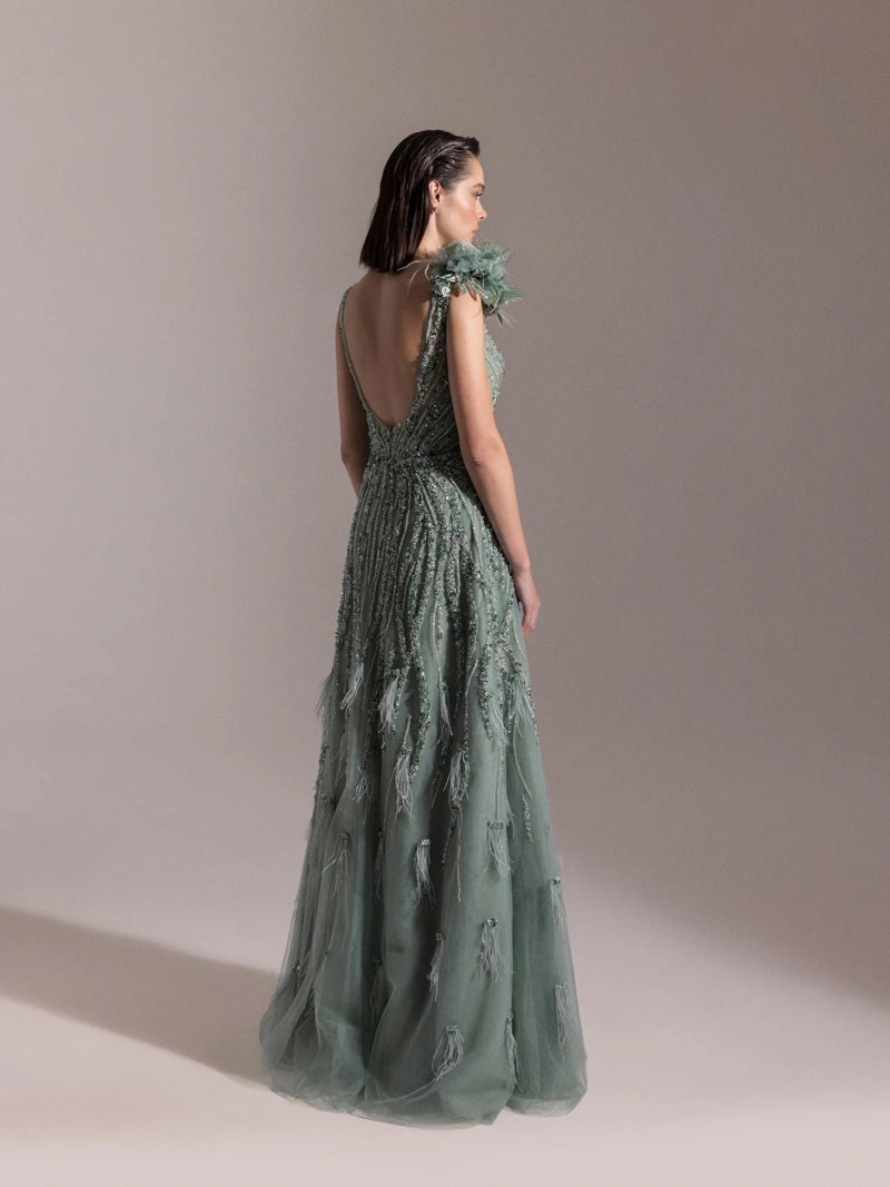 25073-Etekleri Otrişli Full Beden İşlemeli Kabarık Abiye Elbise