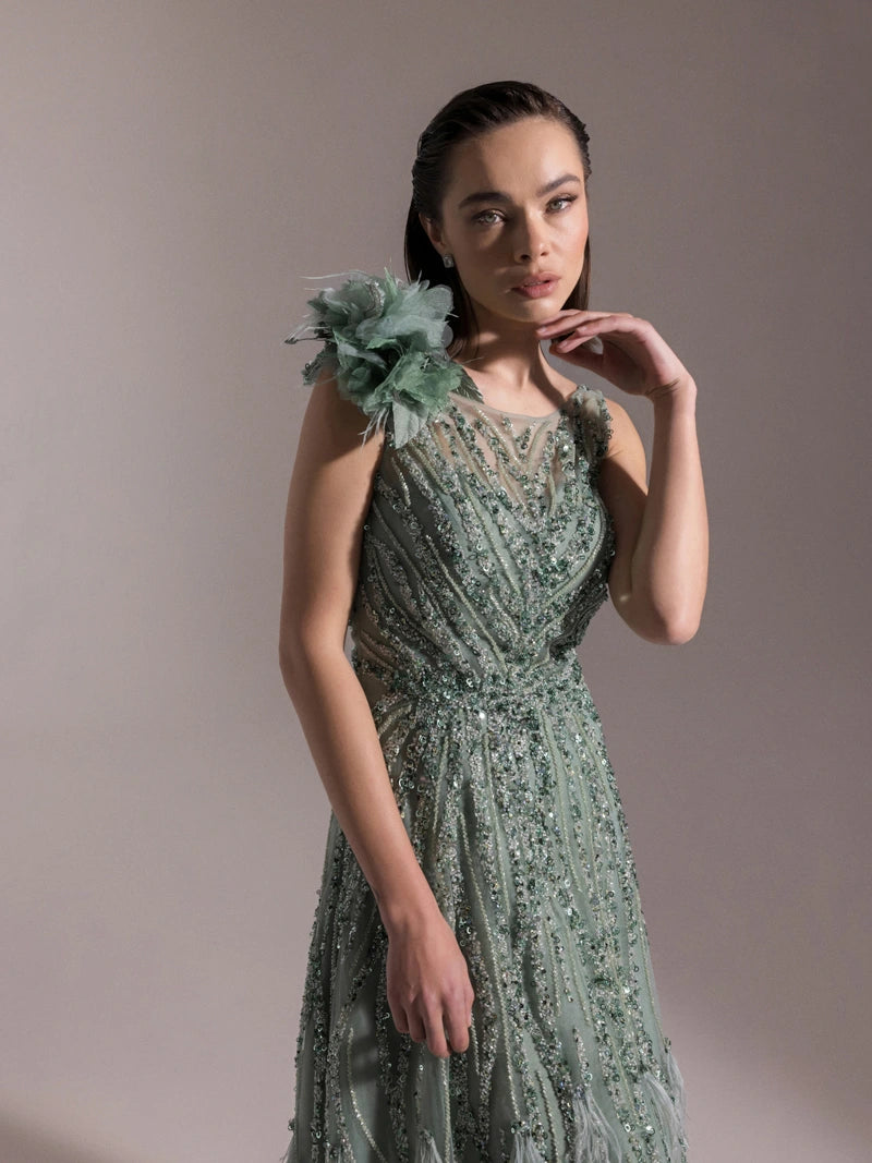 25073-Etekleri Otrişli Full Beden İşlemeli Kabarık Abiye Elbise