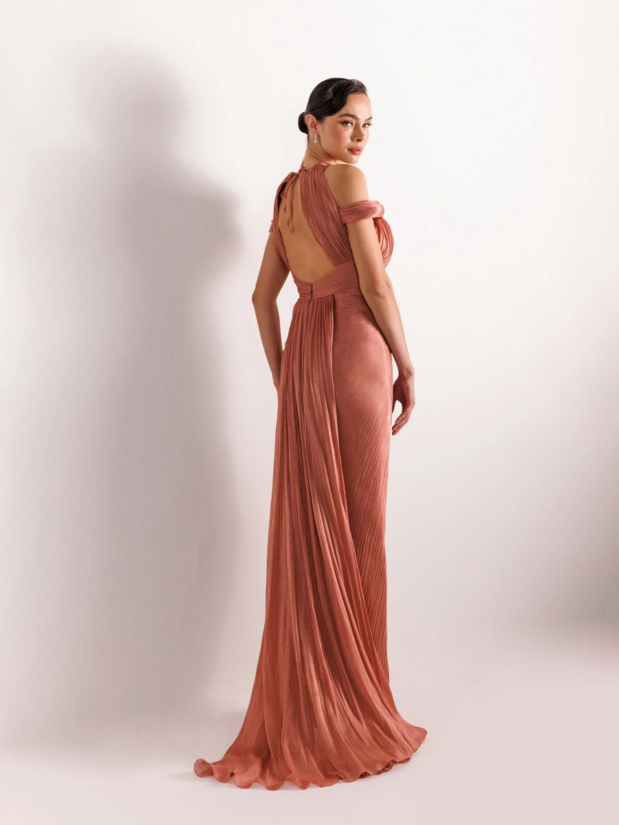 25074-Yakası Çiçekli Göğüs Dekoltesi İşlemeli Abiye Elbise