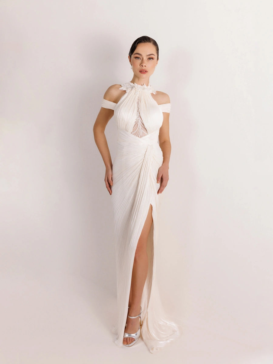 25074-Yakası Çiçekli Göğüs Dekoltesi İşlemeli Abiye Elbise