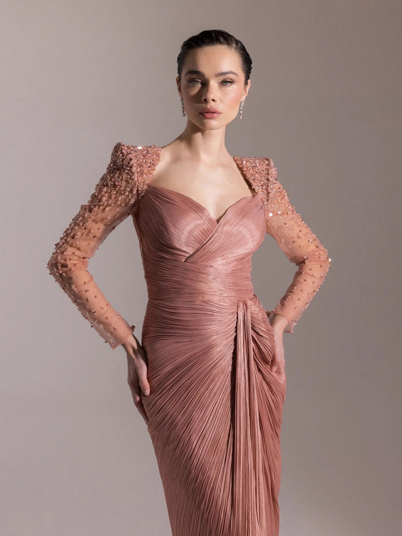 25075-Omuzları İşlemeli Piliseli Abiye Elbise