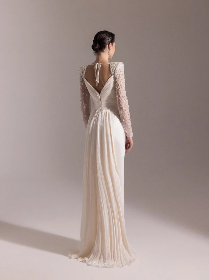 25075-Omuzları İşlemeli Piliseli Abiye Elbise