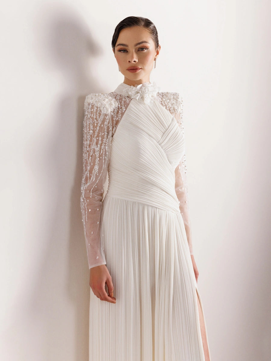 25076-Hakim Yaka İşleme ve Çiçek Detaylı Pliseli Abiye Elbise