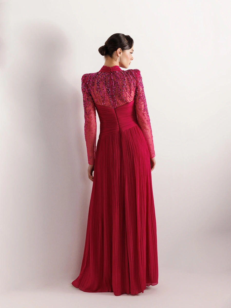 25076-Hakim Yaka İşleme ve Çiçek Detaylı Pliseli Abiye Elbise