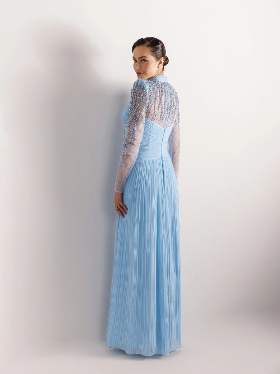 25076-Hakim Yaka İşleme ve Çiçek Detaylı Pliseli Abiye Elbise