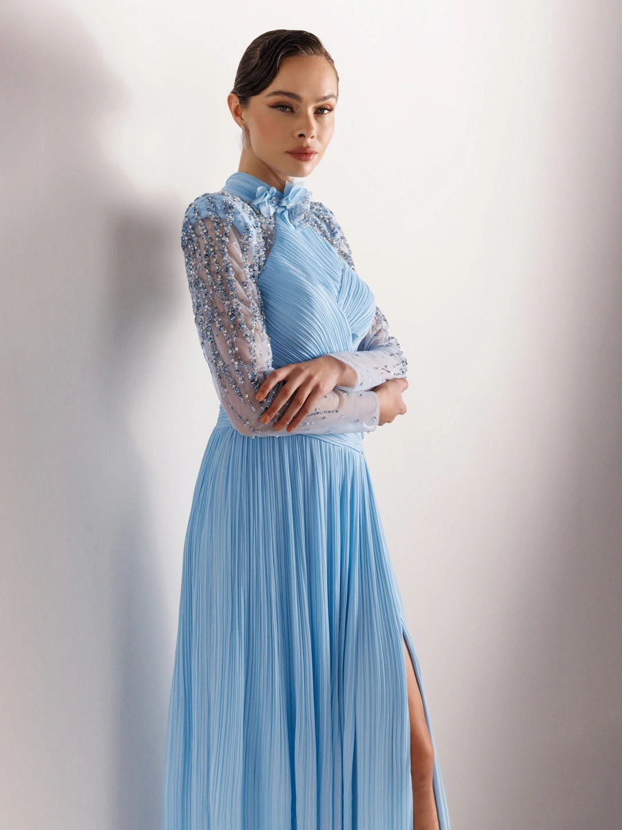 25076-Hakim Yaka İşleme ve Çiçek Detaylı Pliseli Abiye Elbise