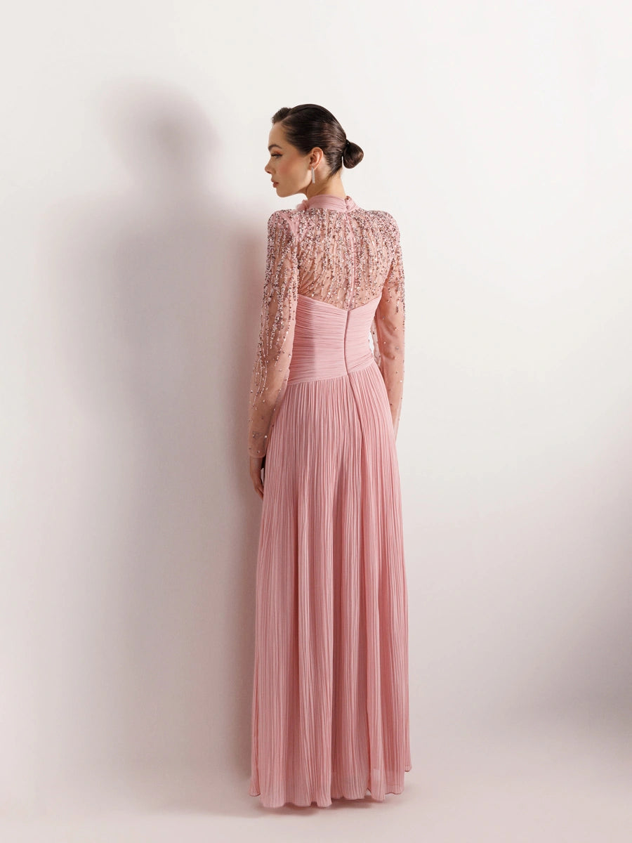 25076-Hakim Yaka İşleme ve Çiçek Detaylı Pliseli Abiye Elbise