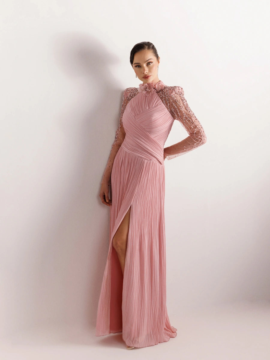 25076-Hakim Yaka İşleme ve Çiçek Detaylı Pliseli Abiye Elbise